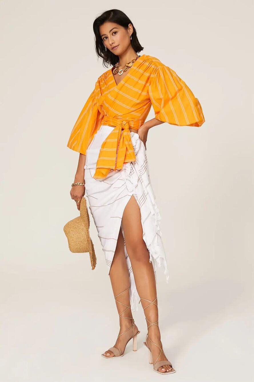 Acler Wyatt Orange Stripped Puff Sleeves Summer Wrap Cropped Blouse 10